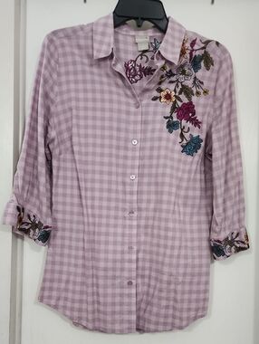 CHICO'S Embroidered Gingham Button-Up Shirt - Lavender